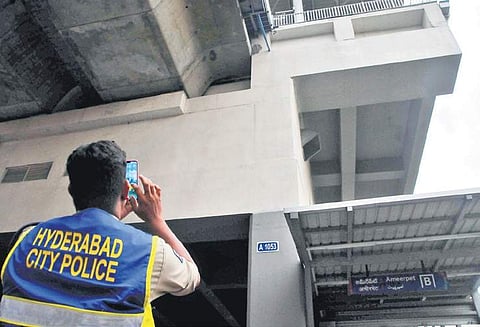 An official takes a picture of the spot from where the plaster fell and landed on Mounika (above) (Photo|EPS, S Senbagapandiyan)