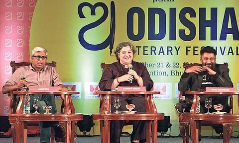 Vivek Agnihotri, Ashutosh and Kaveree Bamzai during the session ‘Matinee Ideal-From Netaji to Modiji |( Photo | Irfana )