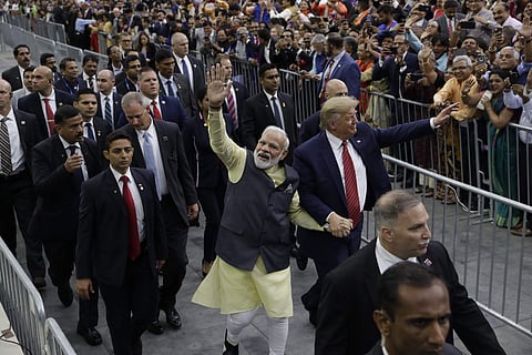 President Donald Trump and Indian Prime Minister Narendra Modi walk around NRG Stadium waving to the crowd during the 'Howdy Modi: Shared Dreams, Bright Futures' event, Sunday, Sept. 22, 2019, in Houston. | (Photo | AP)