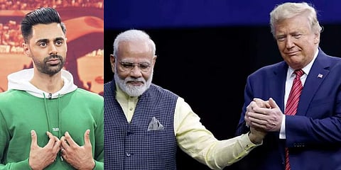 Stand-up comedian Hasan Minhaj (L) and PM Narendra Modi with US President Donald Trump at 'Howdy Modi' rally in Houston. (Photo | Twitter and AP)