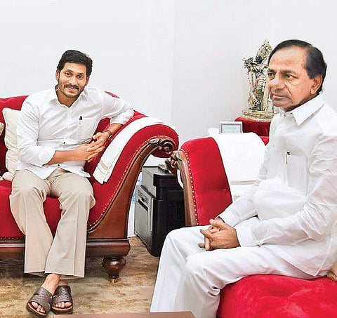 Chief Minister K Chandrasekhar Rao and his Andhra Pradesh counterpart YS Jagan Mohan Reddy in Hyderabad on Monday