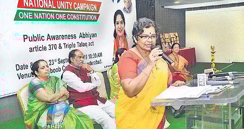 BJP National Mahila Morcha president, during Mahila Jan Jagran Sabha on abrogation of Article 370 and Triple Talaq at Mahboob College on Monday (Photo |EPS)
