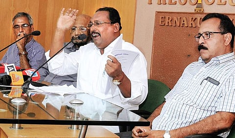Maradu Bhavana Samrakshana Samithi chairman Shamsudheen Karunagappally speaking to mediapersons at the Ernakulam Press Club on Tuesday | Express