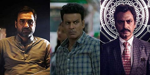 (from L) Stills from 'Mirzapur', 'The Family Man' and 'Sacred Games 2'. (Photo | YouTube Screengrab)
