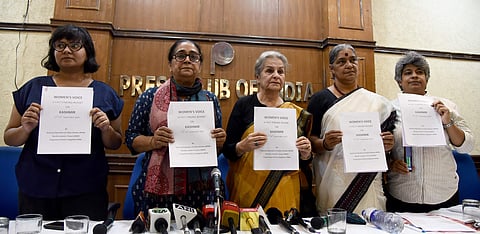 Womens organisations activists Syeda Hameed Annie Raja Poonam Kaushik Kawaljeet Kaur and Pankhuri Zaheer releases a fact finding report on the situation of Kashmir Valley during a press conference in New Delhi on Tuesday September 24, 2019. | (Parveen Neg