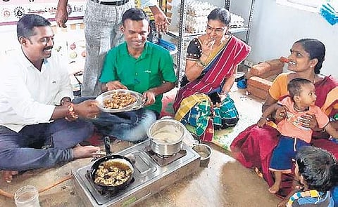 Men cook for their wives and children as part of the Poshan Abhiyaan programme (Photo |EPS)