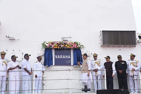 Defence minister Rajnath Singh at Commissioning ceremony of Indian Coast Guard Ship ICGS Varaha at Chennai Port Trust, in Chennai. (Photo | R. Satish Babu)