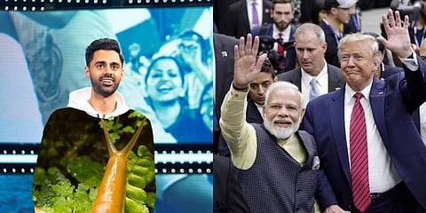 Stand-up comedian Hasan Minhaj (L) and PM Narendra Modi with US President Donald Trump at 'Howdy Modi' rally in Houston. (Photo | Twitter and AP)