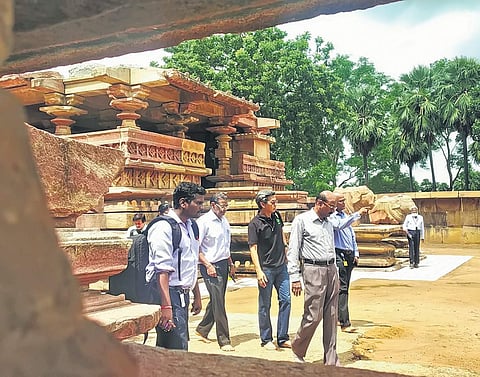 UNESCO-appointed architecture expert Vasu Poshyanandana (third from left) inspects the Ramappa temple on Wednesday | Express