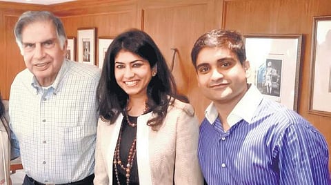 Ratan Tata (L) with CashKaro founders Swati (C) and Rohan Bhargava
