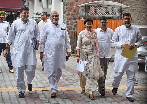 Haryana Pradesh Congress Committee chief Kumari Selja with other senior leaders. (Photo | PTI)