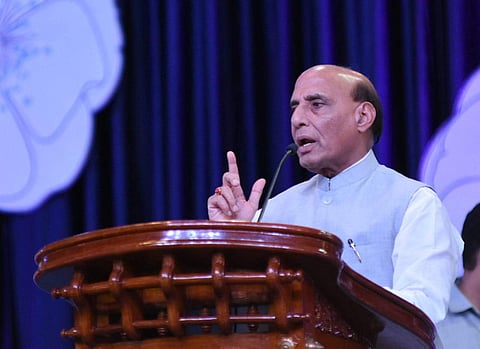 Defence Minister Rajnath Singh speaking on the ocassion of 66th birthday of Mata Amritanandamayi at Amritananadamayi Math at Vallikkavu in Kollam, Kerala. (Photo | B P Deepu, EPS)