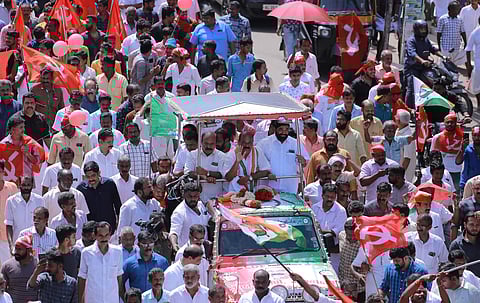 The victory rally of Mani C Kappan taken out by LDF workers through Pala town on Friday. (Photo | Vishnu Prathap, EPS)