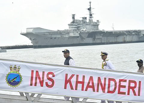 Defence Minister Rajnath Singh during the commissioning ceremony of Scorpene class submarine INS Khanderi at Naval Dockyard in Mumbai Saturday Sept. 28 2019. | (Photo | PTI)