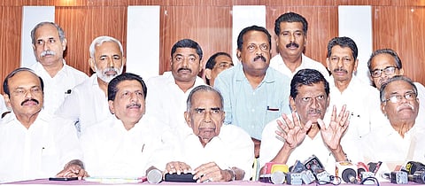 Kerala Congress(M) working chairman P J Joseph talking to reporters after a meeting of party leaders, which took stock of Pala bypoll outcome, in Kottayam on Saturday