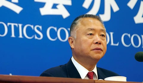 Liu Yuejin, the vice commissioner of China's National Narcotics Control Commission, speaks during a press conference in Beijing. (Photo | AP)