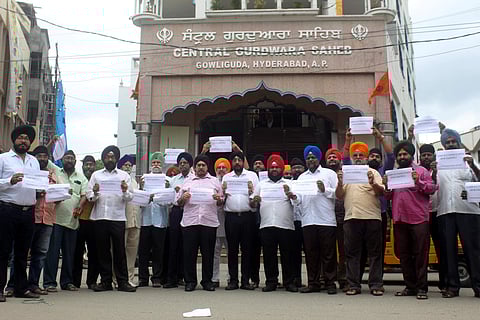 Sikh community protest at Central Gurudwara, Gowliguda on Sunday over a Sikh girl being converted and abducted in Pakistan. (Photo | Sathya Keerthi, EPS)
