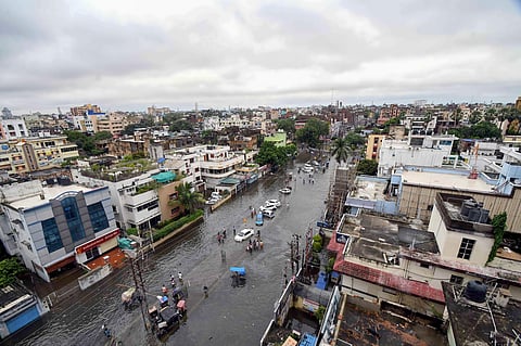 An ariel view of a flooded road following heavy monsoon rain in Patna Monday Sept. 30 2019. | (Photo | PTI)