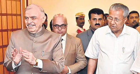 Governor P Sathasivam, who demits office on Wednesday, with Chief Minister Pinarayi Vijayan and Chief Secretary Tom Jose at the state government’s farewell function held on Tuesday | EXPRESS