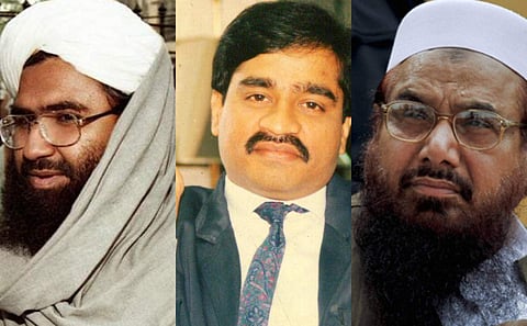 Jaish-e-Mohammed chief Masood Azhar (L), fugitive gangster Dawood Ibrahim (C) and LeT co-founder and 26/11 attacks mastermind Hafiz Saeed (R) (File Photo|AFP, EPS & PTI)