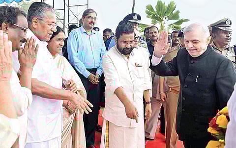 Chief Minister Pinarayi Vijayan, his wife Kamala and ministers at the Thiruvananthapuram airport to see off Governor P Sathasivam who demitted office on Wednesday | express