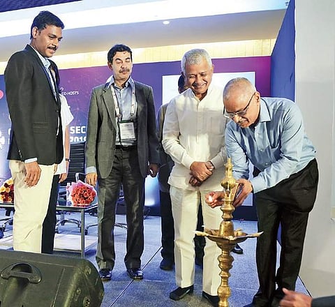 UIDAI Chairman J Satyanarayana, ITEC Principal Secretary Jayesh Ranjan and Global Cyber Security Forum chairman Sai Krishna inaugurate the Global Cybersecurity Conference 2019 in Hyderabad on Wednesday | Express