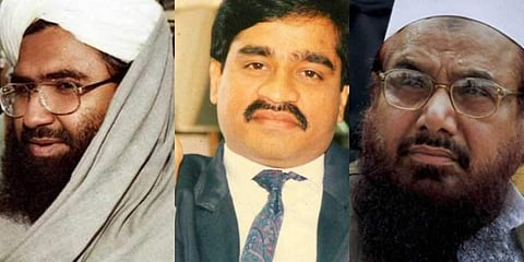 Jaish-e-Mohammed chief Masood Azhar (L), fugitive gangster Dawood Ibrahim (C) and LeT co-founder and 26/11 attacks mastermind Hafiz Saeed (R) (File Photo|AFP, EPS & PTI)