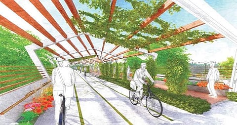 An artist’s impression of an elevated cycle and pedestrian corridor being planned by the land owning agency in the national capital to ensure safe commuting. (Photo | EPS)