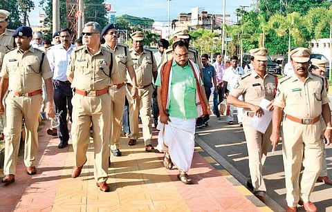 Kanaka Durga temple executive officer MV Suresh Babu along with city police commissioner Ch Dwaraka Tirumala Rao at Canal Road in the city on Thursday (Photo |EPS)