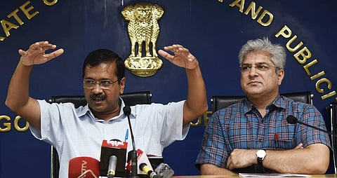 Delhi Chief Minister Arvind Kejriwal with Kailash Gehlot addresses a press conference. (Photo| Parveen Negi/ EPS)