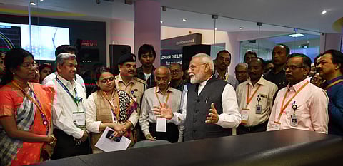 PM Narendra Modi interacts with ISRO scientists after connection with the Vikram lander was lost during soft landing of Chandrayaan 2 on lunar surface. (Photo |ISRO)