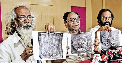 Temple Stapathi Velu, Kishan Rao and Anand Sai during a press conference in Hyderabad on Friday | Viany Madapu