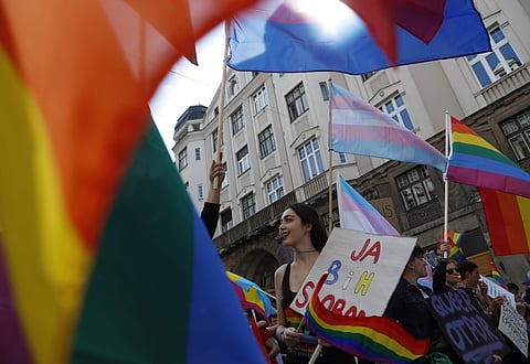 Participant blows a whistle during the country's first ever LGBT pride parade in downtown Sarajevo, Bosnia-Herzegovina.(Photo | AP)