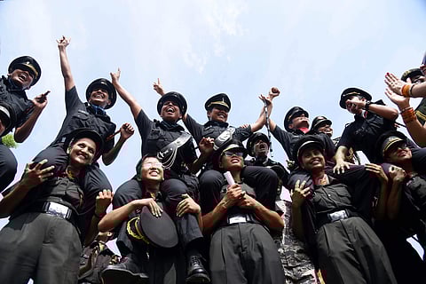 Army cadets celebrate after their graduation ceremony at the Officers Training Academy, in Chennai on saturday. (Photo | R Satish Babu, EPS)