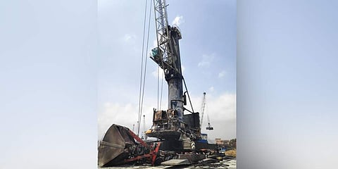 The fire broke out in the engine room of crane belonging to Seapol Port Private limited while unloading urea from a ship at the berth. (Photo | Express)