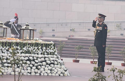 Army Chief Lt General MM Naravane paying floral tribute at National War Memorial in New Delhi. (Photo | Parveen Negi, EPS)