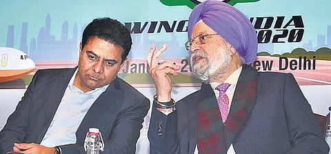IT Minister K T Rama Rao along with Union Minister of Civil Aviation Hardeep Singh Puri at WINGS 2020 curtain raiser in New Delhi on Thursday