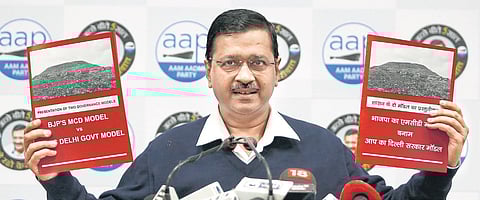 CM Arvind Kejriwal presents a comparative report on his model of governance and that of the BJP-ruled MCDs in New Delhi on Thursday | Arun Kumar