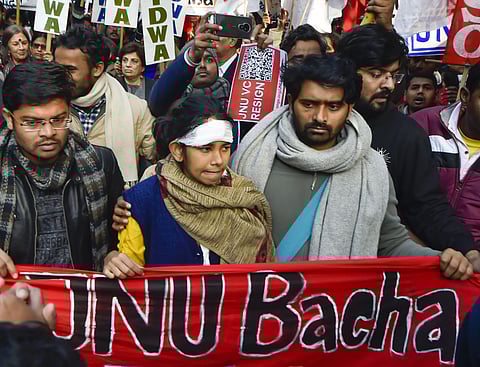JNU Students Union President Aishe Ghosh and other students during a protest march from Mandi House to HRD Ministry, demanding removal of V-C (File Photo | PTI)