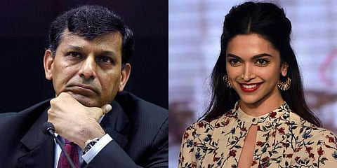 Former RBI Governor Raghuram Rajan (L) and Bollywood actress Deepika Padukone (Photo | PTI)