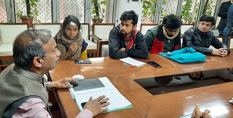 HRD Secretary Amit Khare after the meeting with JNU VC Dr. Mamidala Jagadesh Kumar at Shastri bhawan in New Delhi on Friday. (Photo | EPS, Shekhar Yadav)