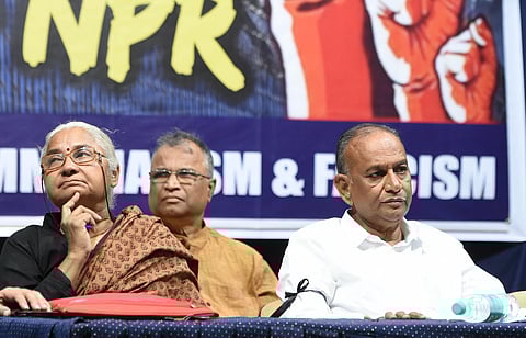 Justice B Chandra Kumar (R) and social activist Medha Patkar at a Convention against NRC-CAA-NPR in Hyderabad| RVK Rao