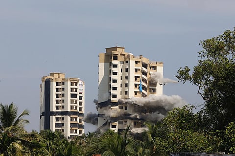 The complexes housing a total of 343 flats were brought down using the implosion method and the companies engaged for it had completed the filling of explosives on Wednesday. (Photo | Arun Angela, EPS)
