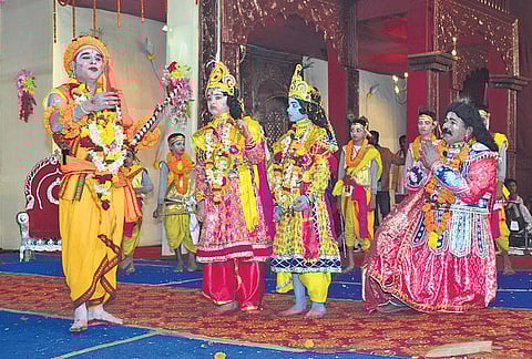 Krishna and his elder brother Balaram at Kansa Darbar on the last day of Dhanu Yatra. (Photo | EPS)