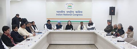 Congress interim president Sonia Gandhi, former PM Manmohan Singh, party leaders Mallikarjun Kharge, AK Antony, Priyanka Gandhi and others at the Congress Working Committe meeting at the party headquarters in New Delhi on Saturday. (Photo | Shekhar Yadav/