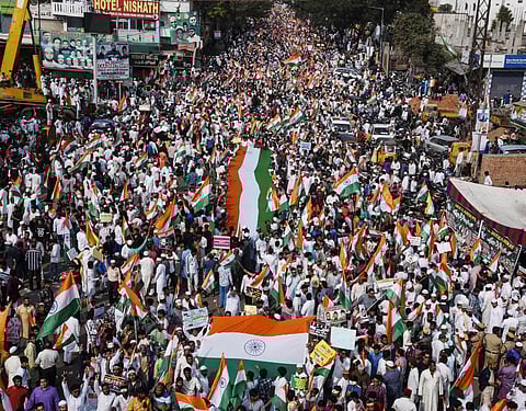 United Muslim Action Committee took out a huge Tiranga Rally against CAA, NRC and NPR after Friday prayers from Eidgah Mir Alam to Shastaripuram Grounds in Hyderabad| Vinay Madapu