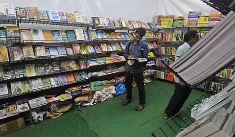 Less crowd is seen in Telugu book stalls as compared to English book stalls at the Vijayawada book festival on Friday| Prasant Madugula