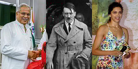 (From L) Chhattisgarh CM Bhupesh Baghel, Nazi dictator Adolf Hitler and Bollywood actress Deepika Padukone (Photo | PTI and AP)