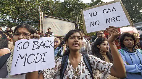 Students during a protest against Prime Minister Narendra Modi's visit in Kolkata Saturday Jan. 11 2020. (Photo | PTI)