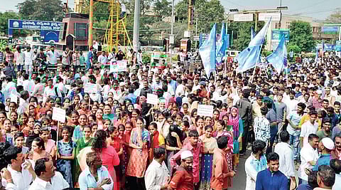 A rally being taken out in Kurnool on Saturday in support of the three-capital proposal| Express